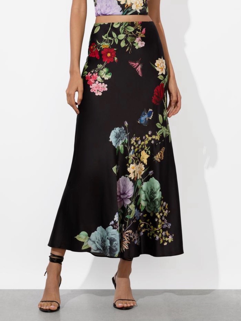 Alice + Olivia Black Floral Satin Maxi Skirt with Multicolor Blooms